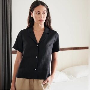 Quince European Linen V Neck Button Down Shirt